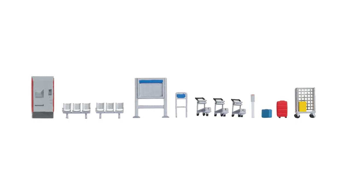 Platform Accessories -- 2 Seat Rows, Ticket Machine, 3 Luggage Carts, Baggage Wagon, Luggage