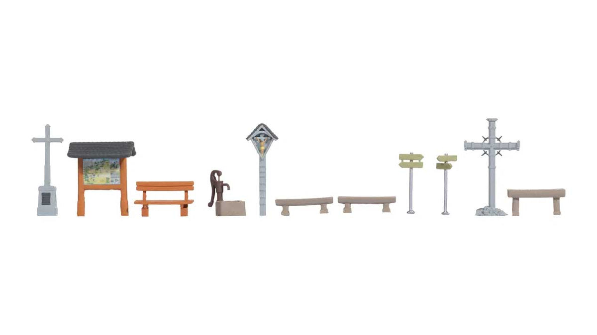 European Mountain Details -- 4 Benches, 2 Signs, Water Pump, 3 Crosses