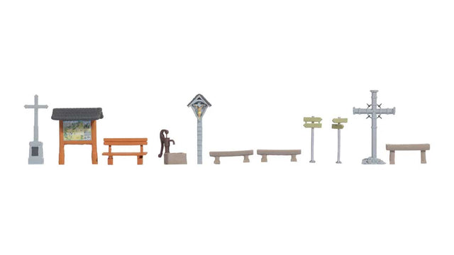 European Mountain Details -- 4 Benches, 2 Signs, Water Pump, 3 Crosses