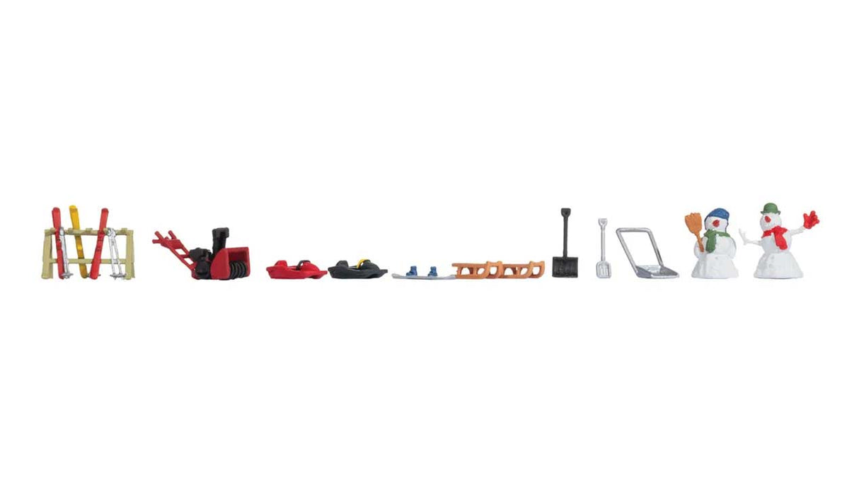 Winter Accessories -- 2 Snowmen, Ski Stand, 4 Sleds, Snowboard, 3 Shovels, Snowblower