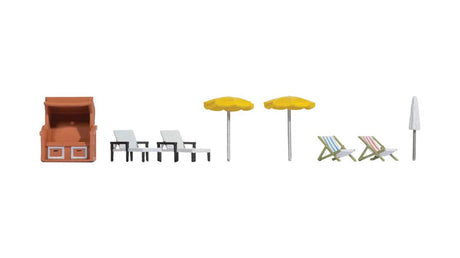 Beach Accessories -- Covered Bench, 2 Chaise Lounge, 3 Unbrellas, 2 Chairs