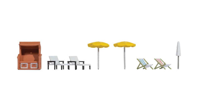 Beach Accessories -- Covered Bench, 2 Chaise Lounge, 3 Unbrellas, 2 Chairs
