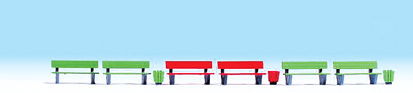 Modern Benches -- 4 Green Benches, 2 Red Benches, 3 Garbage Cans
