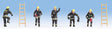 Firefighters w/Ladders -- 5 Figures (black coats) & 2 Ladders