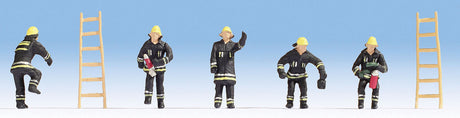 Firefighters w/Ladders -- 5 Figures (black coats) & 2 Ladders