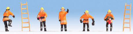 Firefighters w/Ladders -- 5 Figures (orange coats) & 2 Ladders