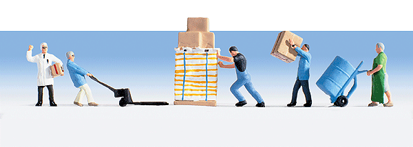 Warehouse Workers w/Accessories -- 5 Workers, Pallet Jack, Pallet, Dolly & Crate