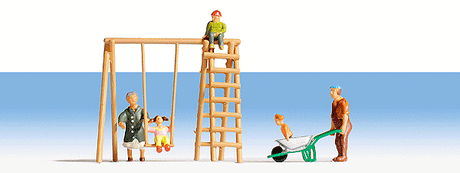 Grandparents and Grandchildren with Accessories -- 5 Figures; Swing Set, Wheelbarrow-1