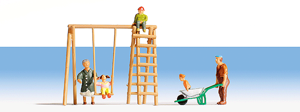 Grandparents and Grandchildren with Accessories -- 5 Figures; Swing Set, Wheelbarrow-1
