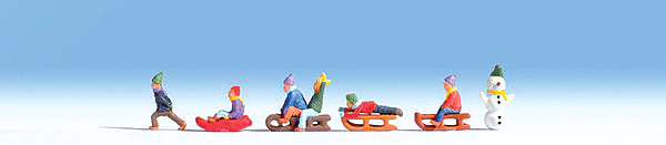 Children in the Snow -- 6 Kids, 4 Sleds & Snowman