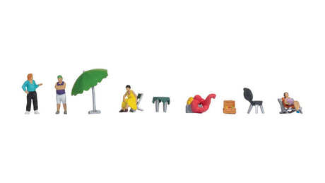Camping Trip -- 4 Figures, 2 Chairs, Basket, Water Toys, BBQ, Umbrella