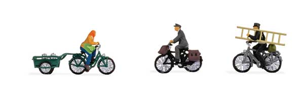Cyclists -- Farmer, Postal Carrier, Chimney Sweep, 3 Bikes, Trailer-2