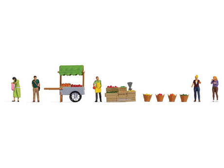 Farmers Market Fruit Stall -- 5 Figures, Fruit Cart, 4 Baskets, Table with Fruit-1