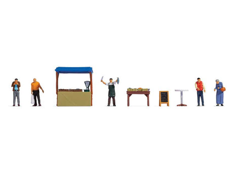 Farmers Market Fish Stall -- 5 Figures, Market Stall, 4 Baskets, Table with Display. Snack Table, Sign-1