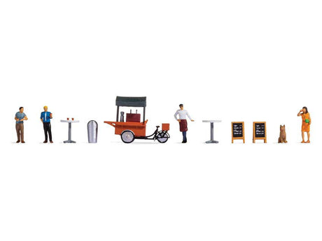 Coffee Stall Set -- 4 Figures, 1 Dog, Coffee Pedal Cart, 2 Signs, 2 Bar Tables, Trash Can-1