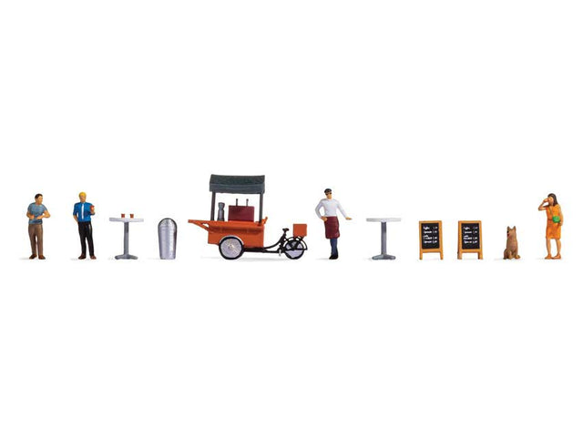 Coffee Stall Set -- 4 Figures, 1 Dog, Coffee Pedal Cart, 2 Signs, 2 Bar Tables, Trash Can-1