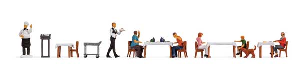 Restaurant Figure Set -- 7 Figures, 4 Tables, 6 Chairs, Service Cart-1