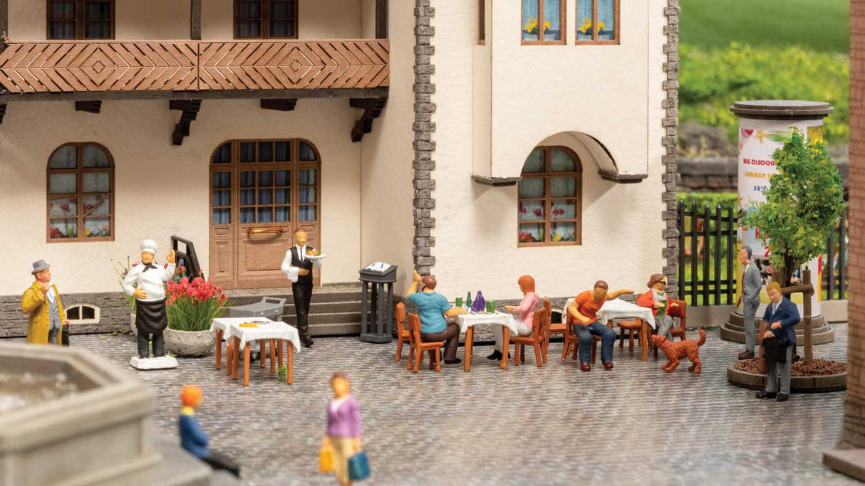Restaurant Figure Set -- 7 Figures, 4 Tables, 6 Chairs, Service Cart-2