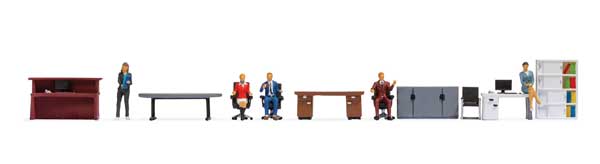 Office Figure Set -- 5 Figures, 3 Desks, Filing Cabinet, 2 Bookshelves, 4 Chairs-1