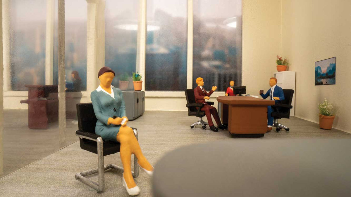 Office Figure Set -- 5 Figures, 3 Desks, Filing Cabinet, 2 Bookshelves, 4 Chairs-2