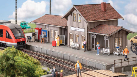 Train Station/Platform Figures & Details -- 5 Figures, 4 Mixed Carts, 2 Sign Stand, 2 Seat Rows, Ticket Machine