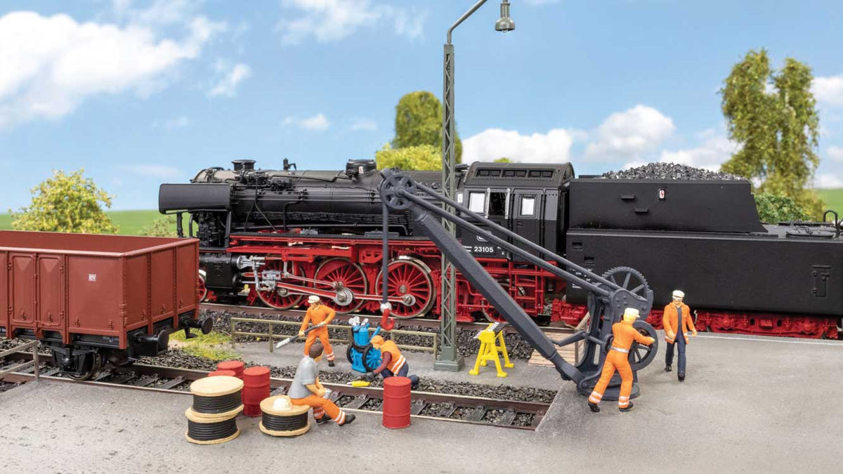Engine/Locomotive Facility Figures & Details -- 5 Figures, 4 Drums, 3 Cable Reels, Crane, Skate Rack, Welding Cart