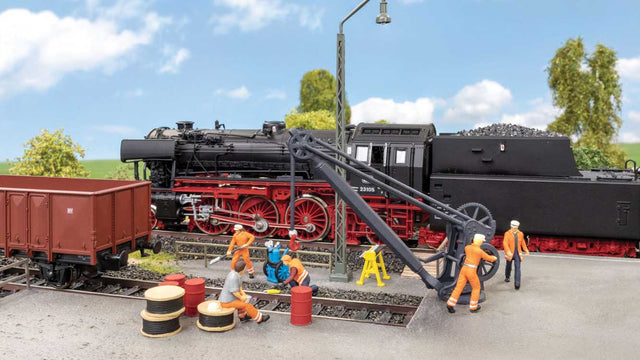 Engine/Locomotive Facility Figures & Details -- 5 Figures, 4 Drums, 3 Cable Reels, Crane, Skate Rack, Welding Cart