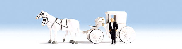 Wedding Carriage - Assembled -- w/2-Horse Team & Standing Coachman