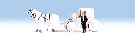 Wedding Carriage - Assembled -- w/2-Horse Team & Standing Coachman
