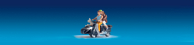 3-Wheeled Motor Scooter -- w/Working LED Lights, Driver, Sidecar, Passenger & Dog