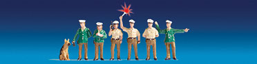 German Police Personnel w/Illuminated Disc Sign Board -- 6 Figures & Dog, 1 w/Lighted Sign (green Uniform)