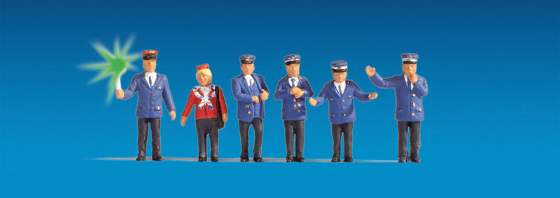 German Railway Officials w/Light -- 6 Figures, 1 w/Green Signal Board