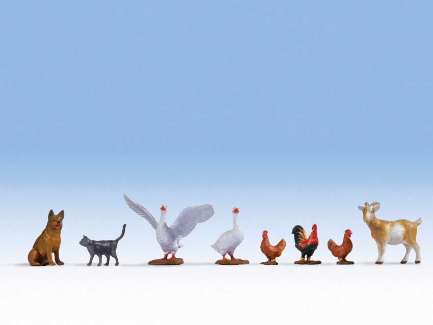 Farm Animals -- 2 geese, 3 Chickens, 1 Each: Goat, Dog, Cat