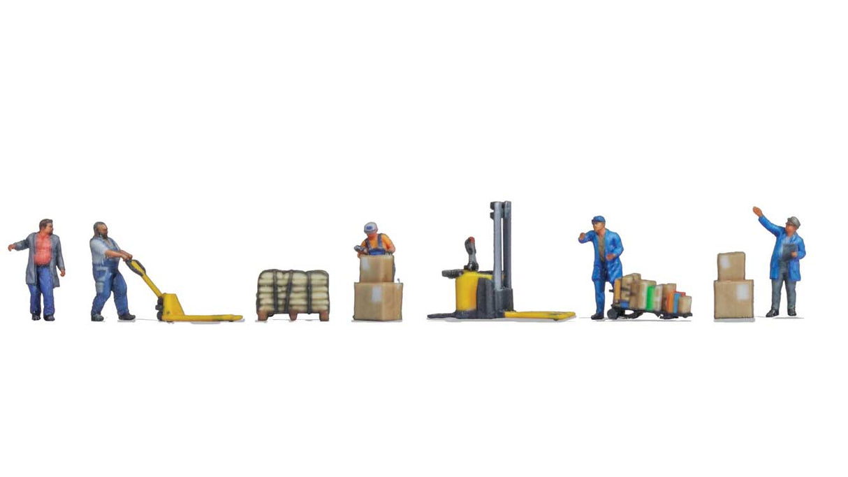 Warehouse Workers - Color 3D Print -- 5 Figures, Forklift, Pallet Jack, Cart, Crates, Loaded Pallet