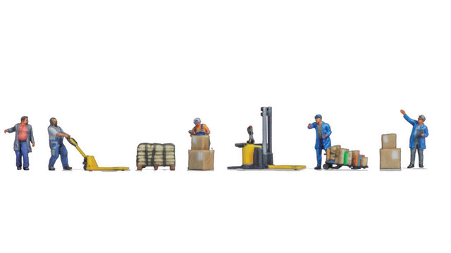 Warehouse Workers - Color 3D Print -- 5 Figures, Forklift, Pallet Jack, Cart, Crates, Loaded Pallet