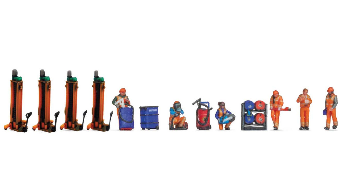 Railway Maintenance Depot - Color 3D Print -- 6 Figures, 4 Jacks, Barrel Stand, Bin, Vacuum-2