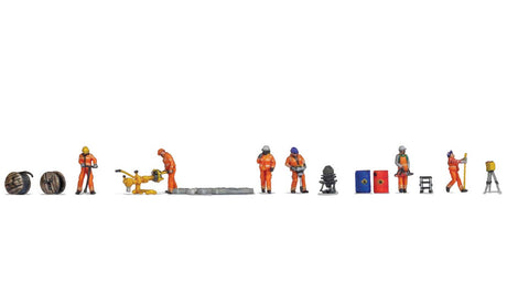 Track Construction Workers - Color 3D Print -- 6 Figures, 4 Concrete Ties, 2 Bins, 2 Cable Reels, Transit, Thermite Welder-2