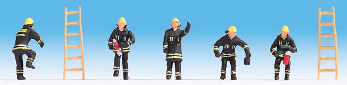 Firefighters -- 5 in Black Uniforms, 2 Ladders