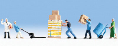 Warehouse Workers w/Accessories -- 5 Workers, Pallet Jack, Pallet, Dolly & Crate