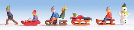 Children in the Snow -- 6 Kids, 4 Sleds, Snowman