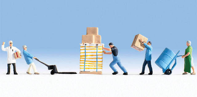 Warehouse Workers w/Accessories -- 5 Workers, Pallet Jack, Pallet, Dolly & Crate