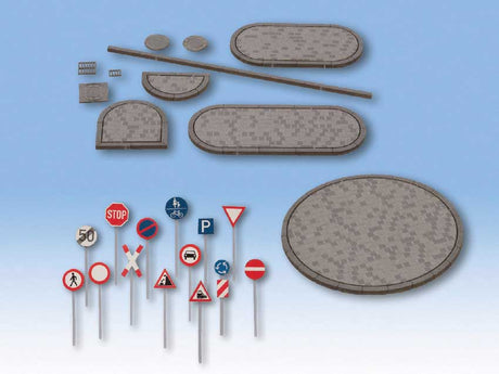 Street Decoration Set -- 11 Curbs, 23 Traffic Islands, 301 European Signs, 25 Manhole Covers