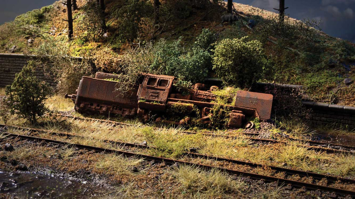 Abandoned Derailed EuropeanSteam Locomotive Hard-Foam Diorama - Kit -- Loco on Base  9-7/16 x 4 x 2-1/16"  24 x 10.1 x 5.2cm