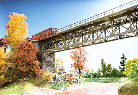 Steel Truss Bridge w/Cut-Stone Abutments - Kit (Laser-Cut Card) -- 4" Long, Single Track; Abutments: 2-13/16"  7.2cm Tall