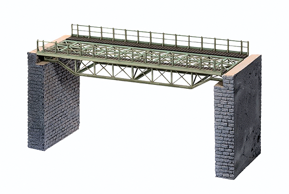 Straight Steel Deck Truss Bridge w/Cut-Stone Abutments - Kit (Laser-Cut Card) -- 7-1/16" 18cm Long; Abutments: 3-3/4"  7.2cm Tall