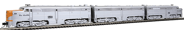Diesel PA-2 A-B-A Set, 2 Powered A Units w/LokSound DC/DCC; Unpowered B Unit -- Denver Rio Grande Western #601 (1st, 2nd, 3rd) California Zephyr