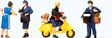 People Working German Federal Postal Workers -- 1 Man w/Mail Pouches, Woman on Scooter, 2 Female Workers