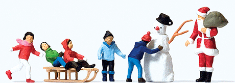 Christmas Figure Set in Merry Christmas Box -- Santa Claus, 5 Children, Snowman & Sled