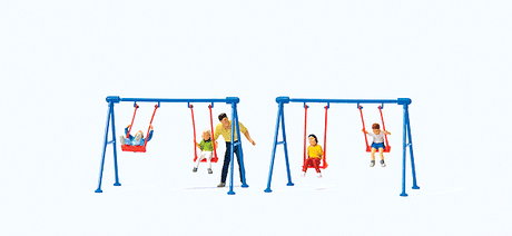 Children on Playground Swings -- 4 Children, Father, 2 Swing Sets