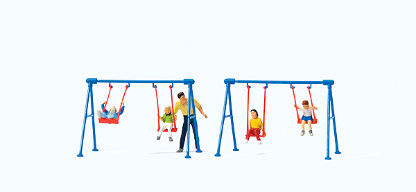 Children on Playground Swings -- 4 Children, Father, 2 Swing Sets
